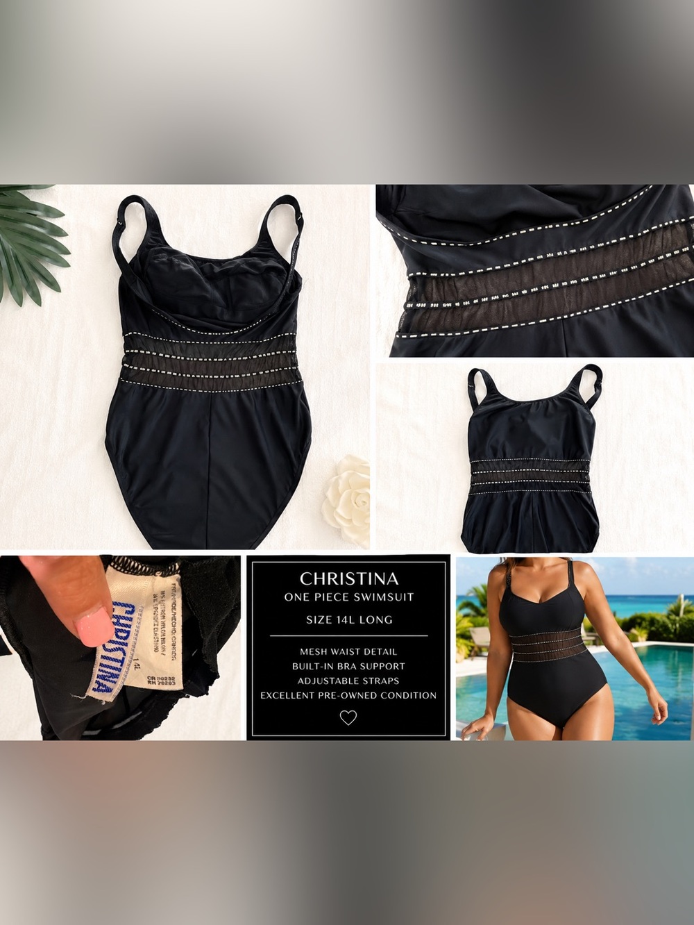 Christina Black One Piece Swimsuit Size 14L Long Torso Mesh Waist Detail